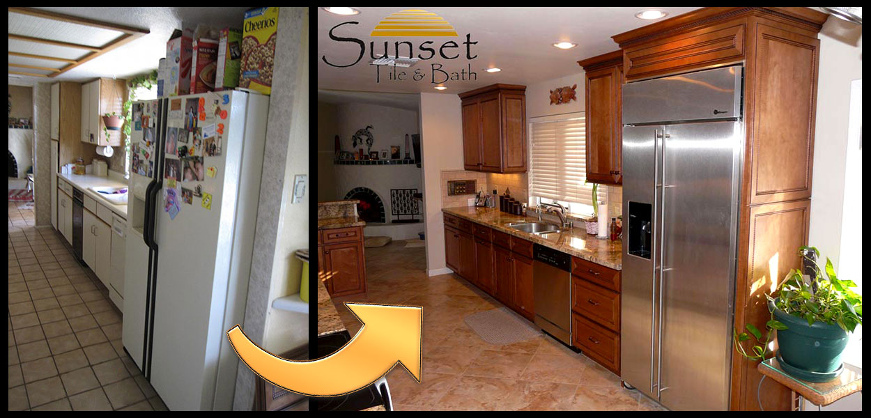 Before and after transformation of a galley kitchen in Scottsdale, remodeled through the design-build process